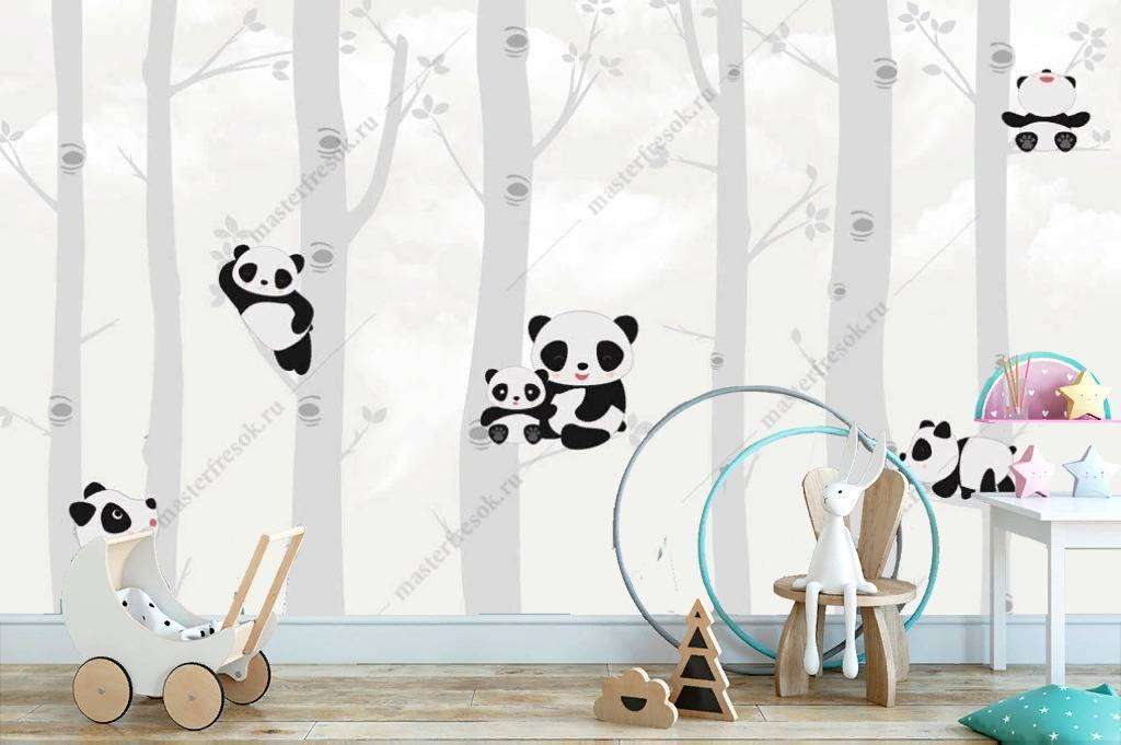Фотообои в интерьере панды в сером лесу  12-816 фото