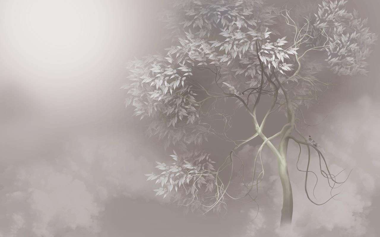 Фотообои в интерьере дерево в серебрянном тумане  13-441 фото