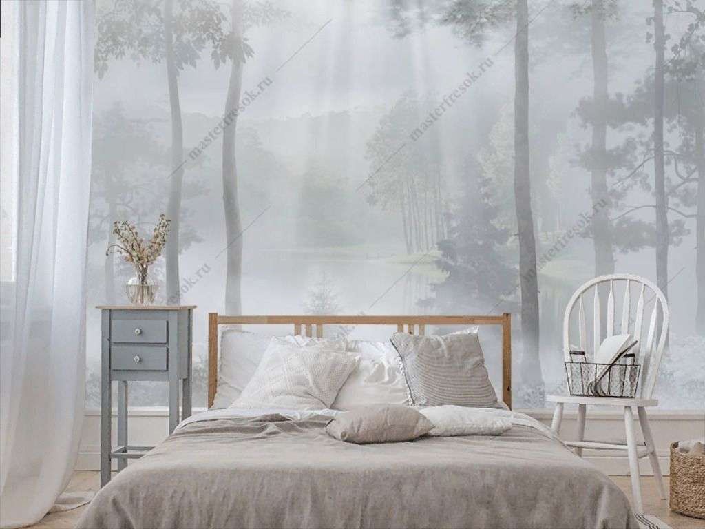 Фотообои в интерьере лес у озера в тумане  13-353 фото