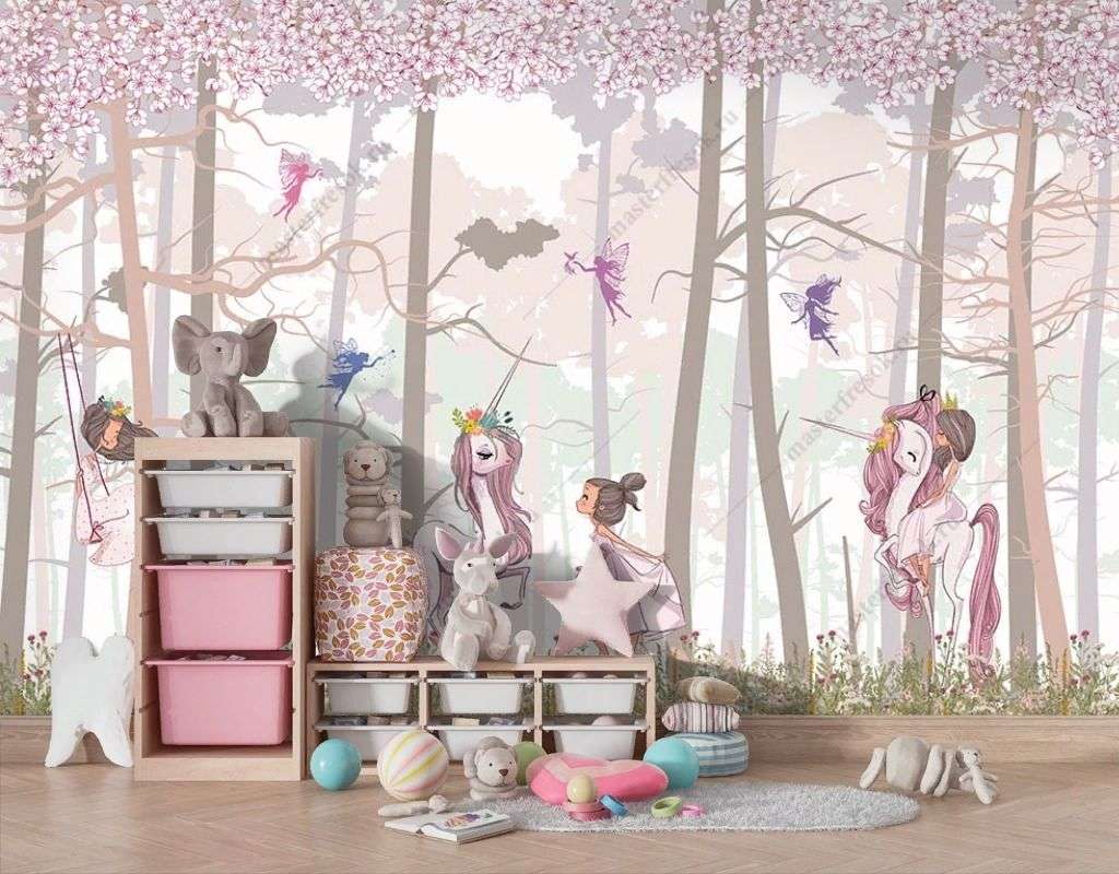 Фотообои в интерьере принцесса и единорог в лесу  14-313 фото