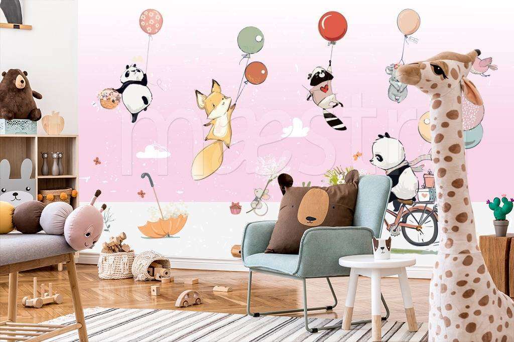 Фотообои в интерьере звери на шарах на коралловом фоне  12-335 фото