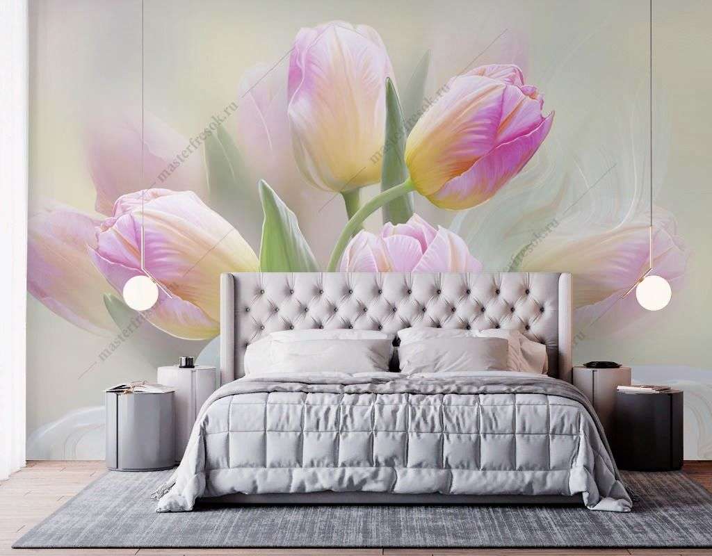 Фотообои в интерьере тюльпаны нежные  13-602 фото