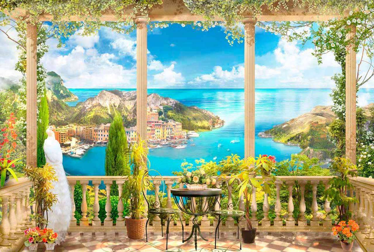 Фотообои в интерьере классическая терраса с видом на море  11-070 фото