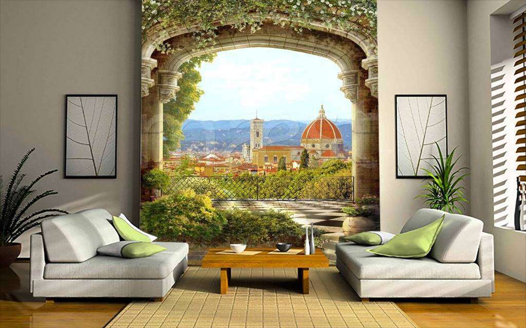 Фотообои в интерьере арочная терраса с выходом на город  11-055 фото