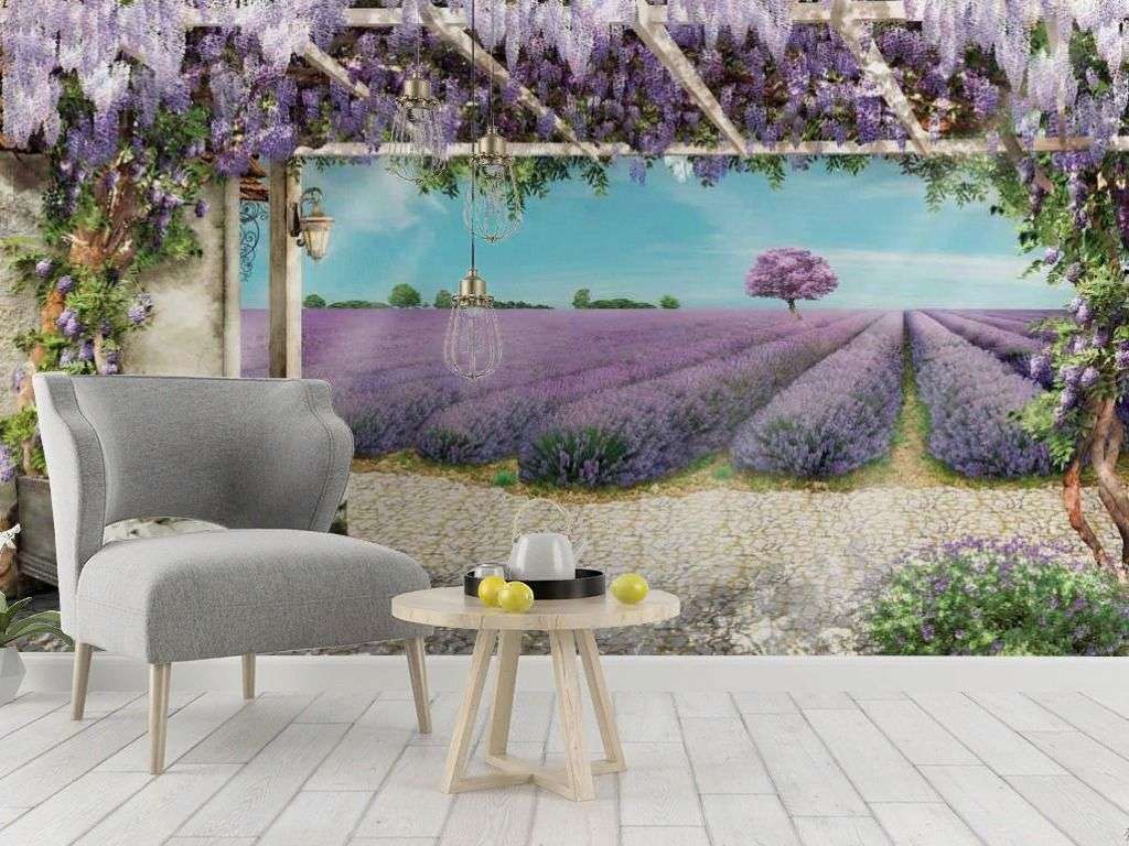 Фотообои в интерьере вид на лавандовые поля  17-2205 фото