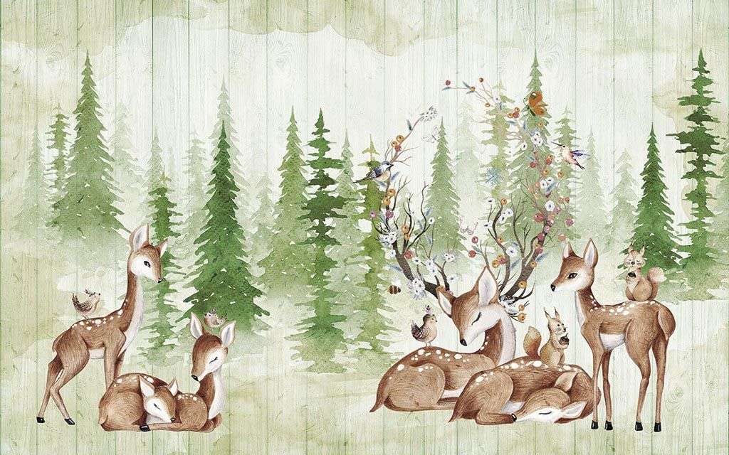 Фотообои в интерьере оленята на фоне зеленого леса  14-229 фото