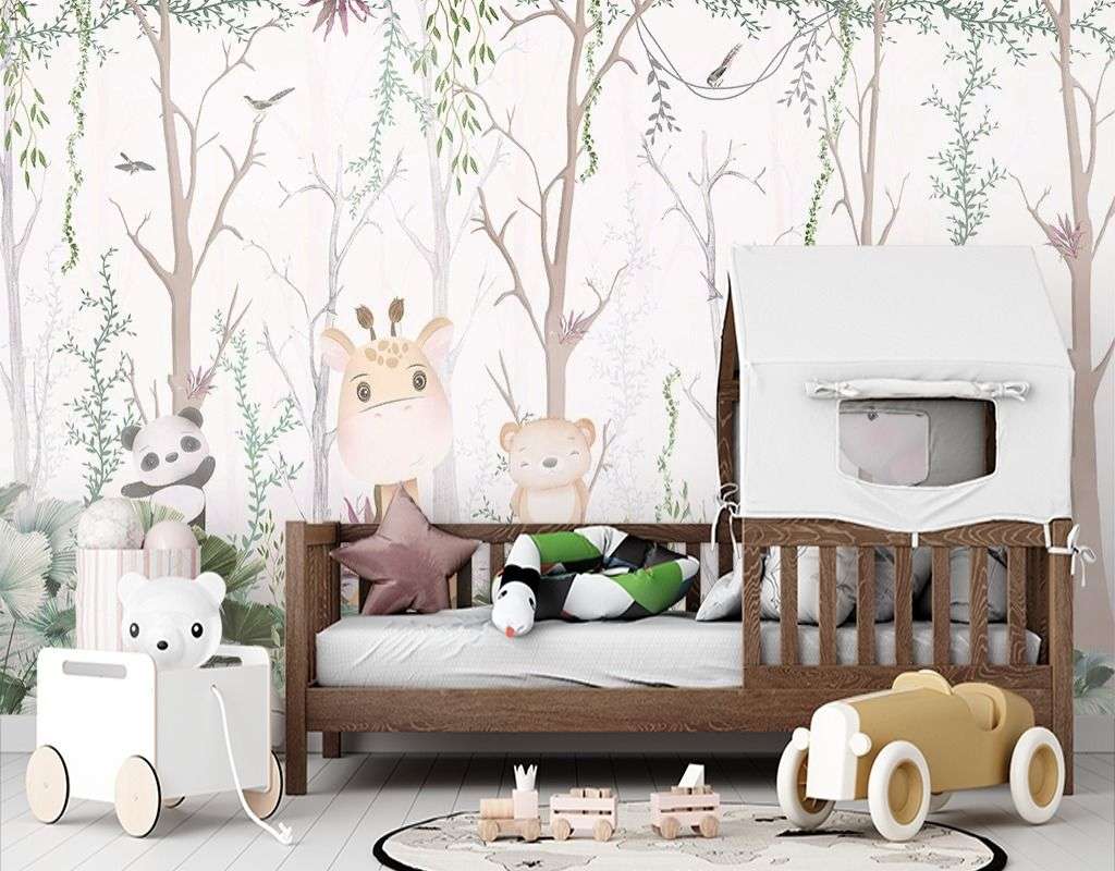 Фотообои в интерьере детские лес с веселыми зверушками   12-1605 фото
