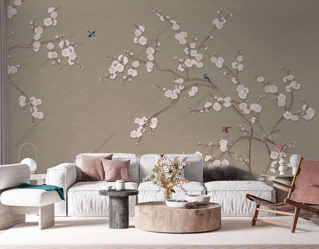 Фотообои в интерьере розовая веточка сакуры  9-1689 фото