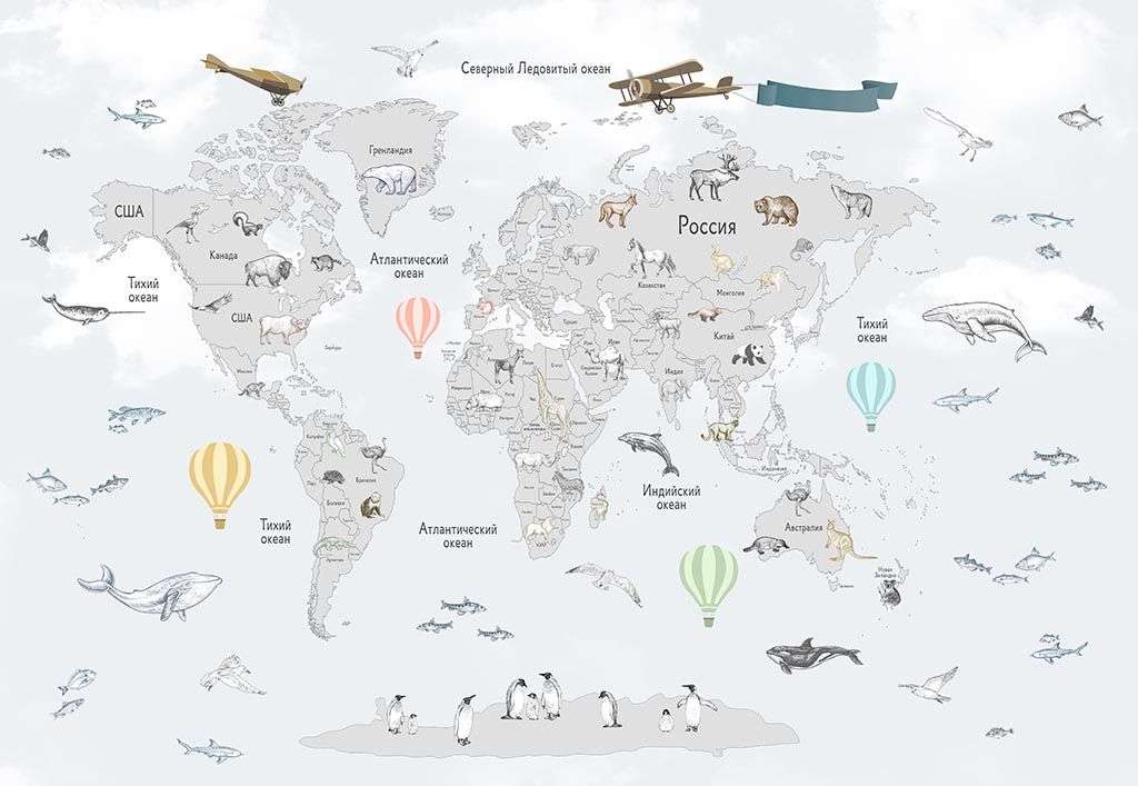 Фотообои в интерьере светлая карта мира в детскую  14-283 фото