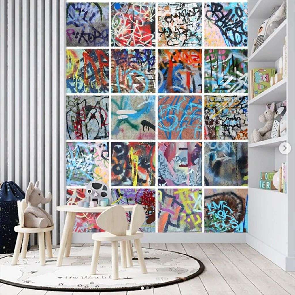 Фотообои в интерьере граффити коллаж рисунков  12-1579 фото