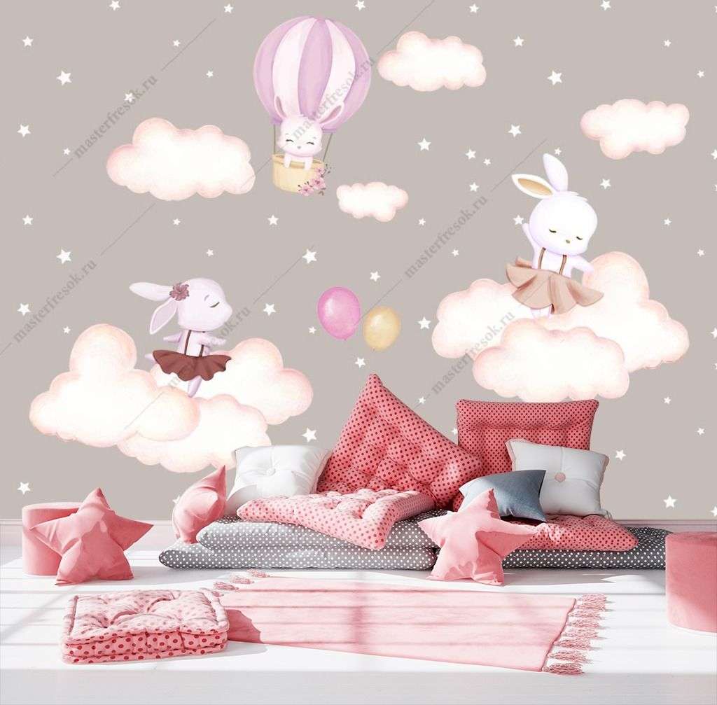 Фотообои в интерьере зайки на облачках  14-310 фото
