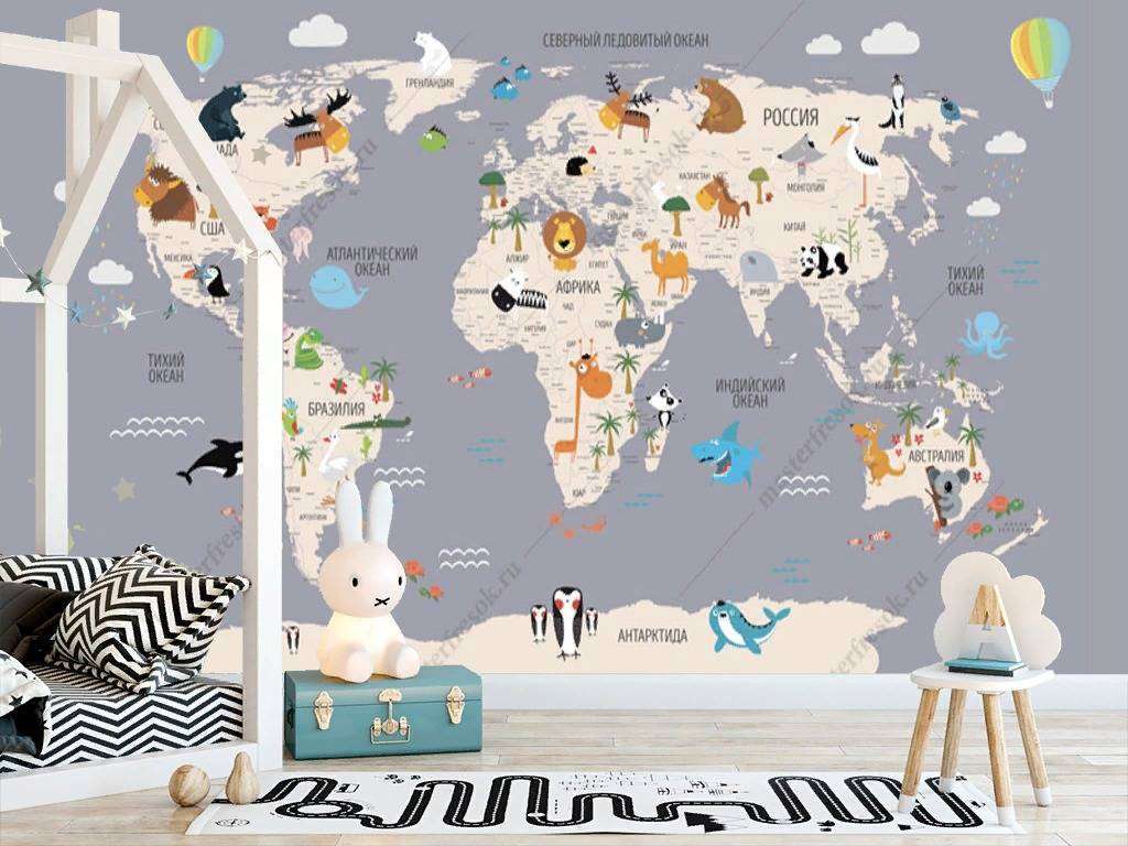 Фотообои в интерьере карта цветная на сером фоне  12-1009 фото