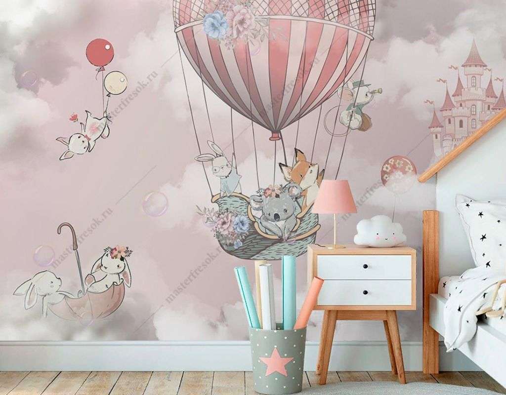 Фотообои в интерьере в детскую животные на воздушных шариках   12-1587 фото