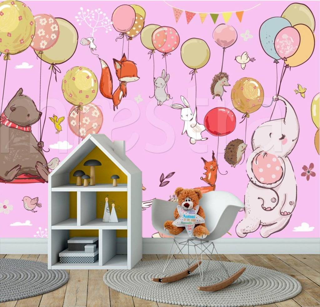 Фотообои Звери на шарах летят на розовом фоне  12-340