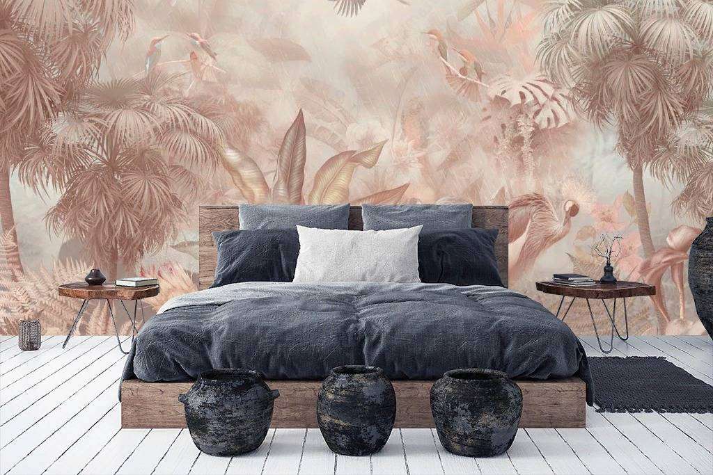 Фотообои в интерьере розовые тропики  13-267 фото