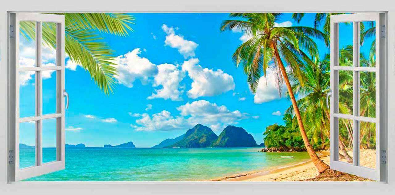 Фотообои в интерьере вид из окна на райское море  11-120 фото