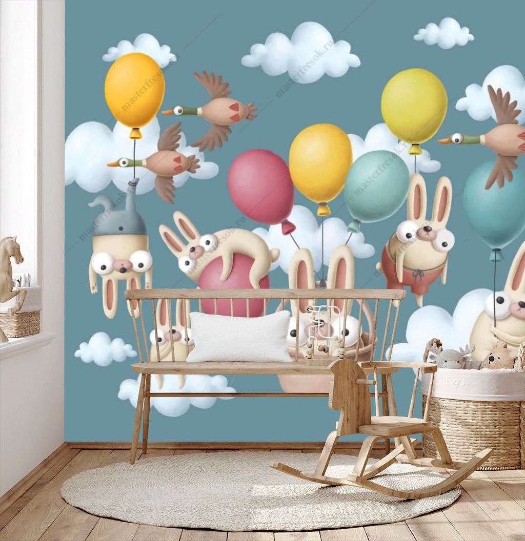 Фотообои в интерьере кролики на воздушных шариках  14-244 фото