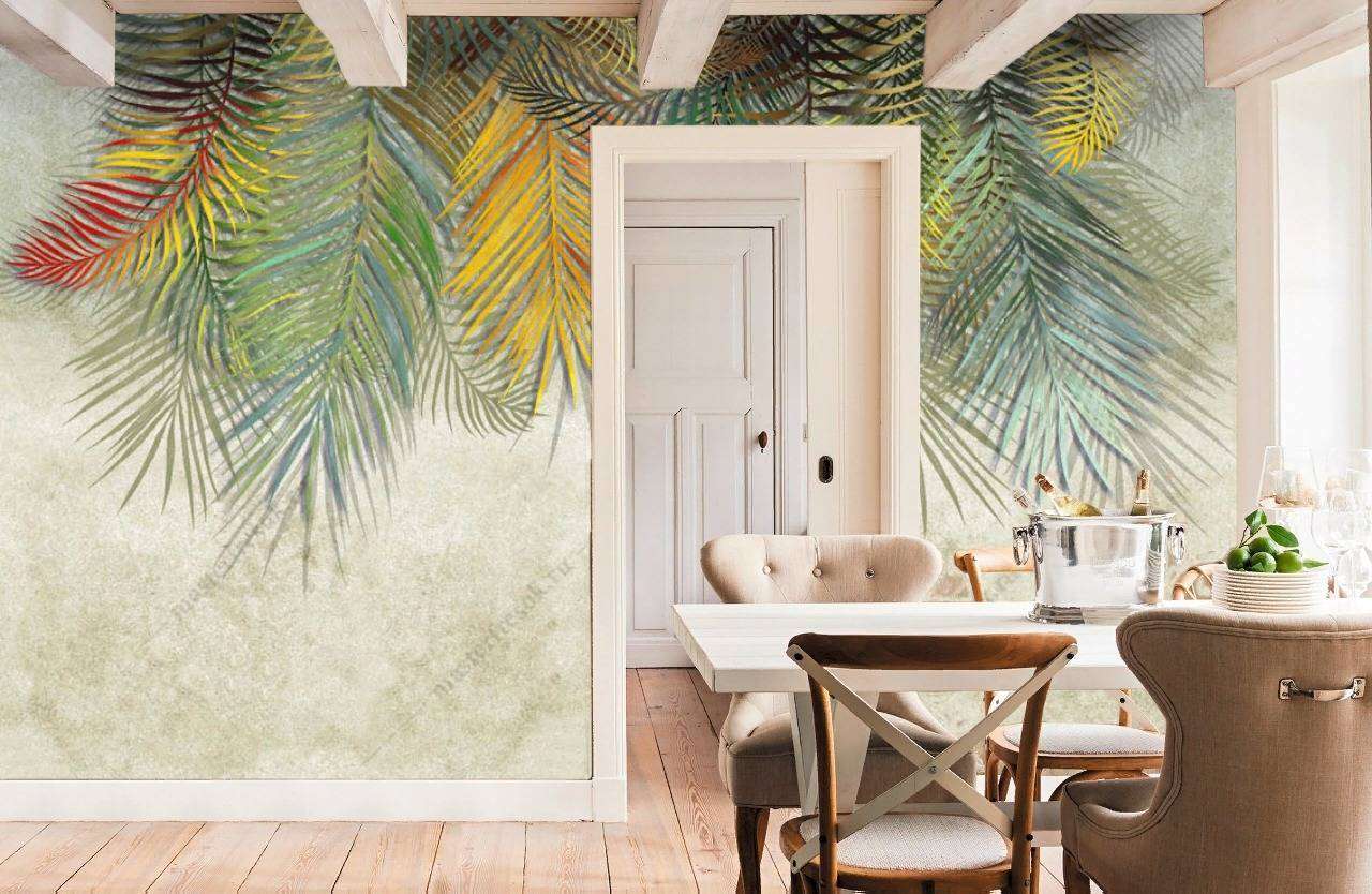 Фотообои в интерьере разноцветные листья пальмы  10-765 фото