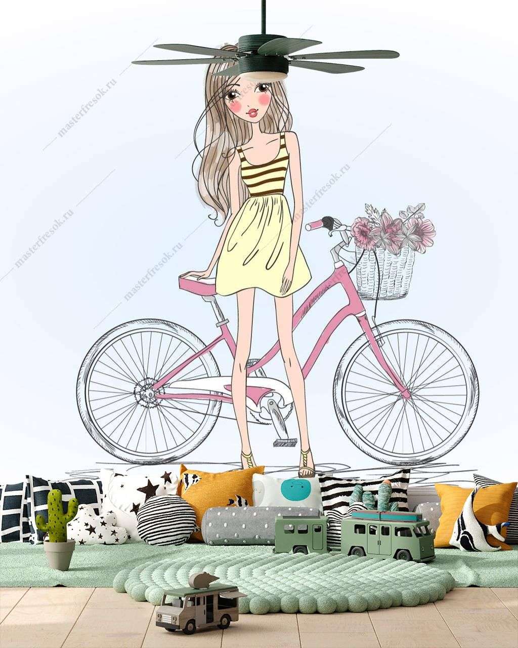 Фотообои в интерьере модница на велосипеде  12-1250 фото