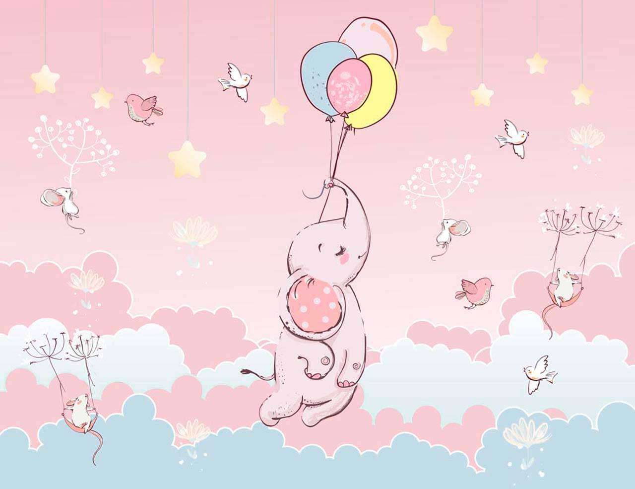 Фотообои в интерьере слон парит в облаках на розовом фоне  12-410 фото