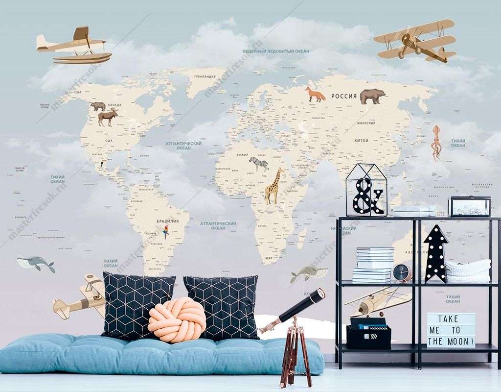 Фотообои в интерьере карта на фоне облаков  9-1619 фото