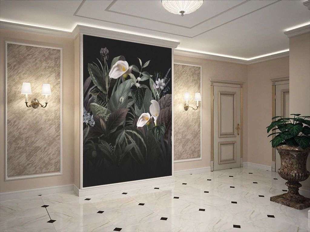 Фотообои в интерьере каллы на черном фоне  14-496 фото