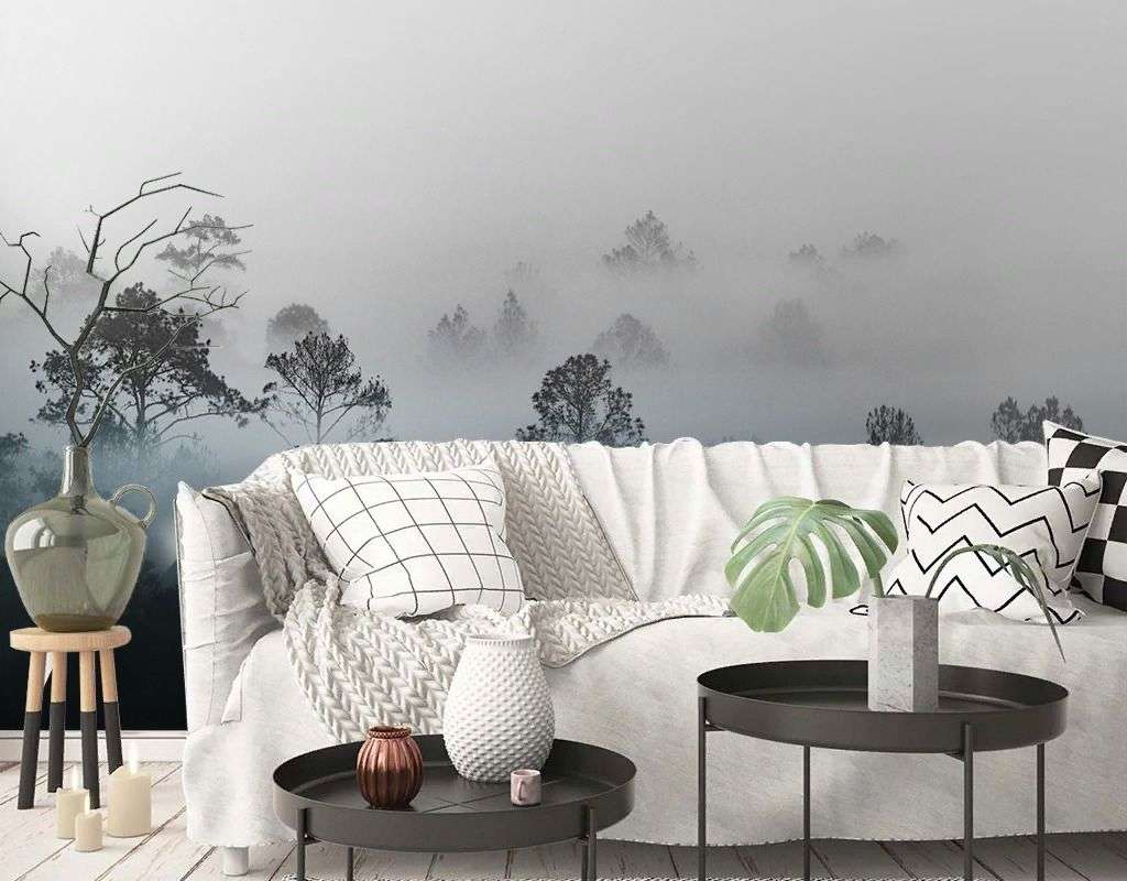 Фотообои в интерьере лес в утреннем тумане  9-2026 фото