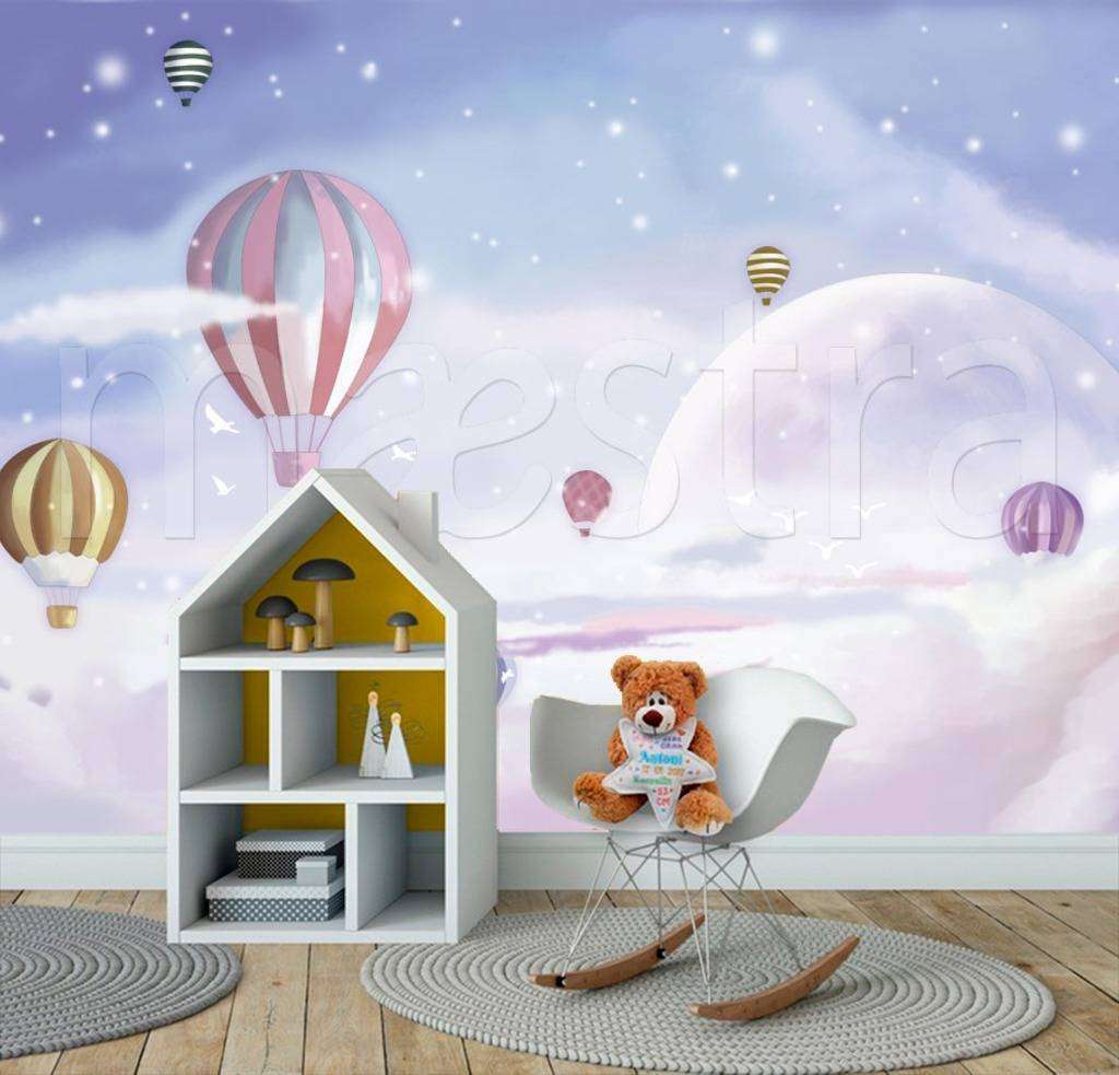 Фотообои в интерьере воздушные шары в розовом небе  12-430 фото