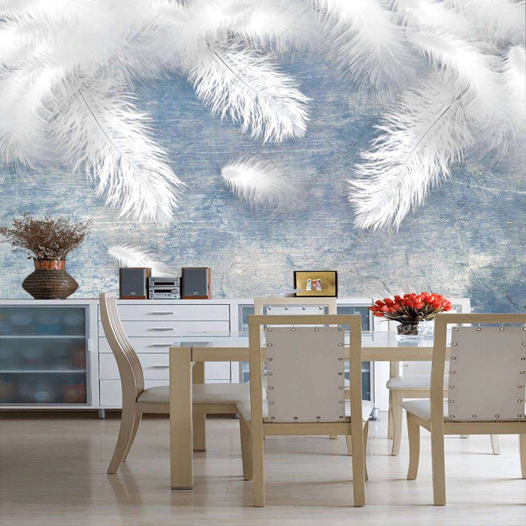 Фотообои в интерьере нежные перья на голубом фоне  10-850 фото