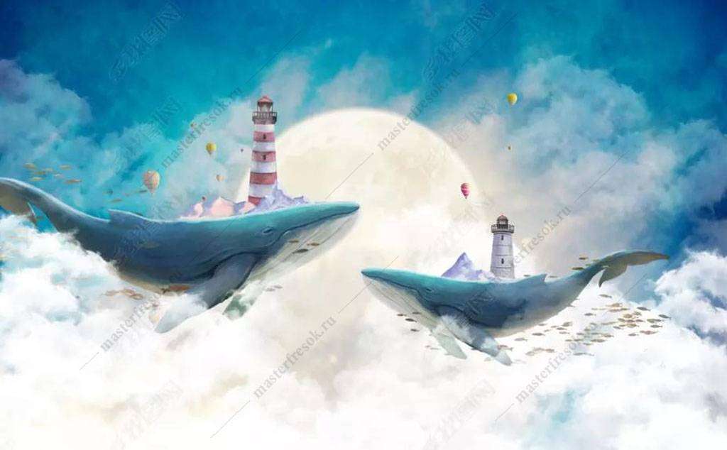 Фотообои в интерьере маяк и кит  16-022 фото