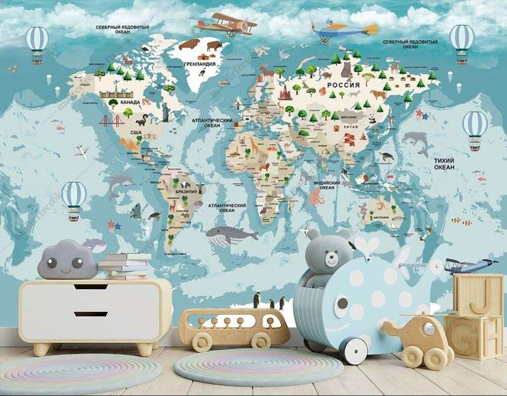 Фотообои в интерьере карта мира яркая  12-1462 фото