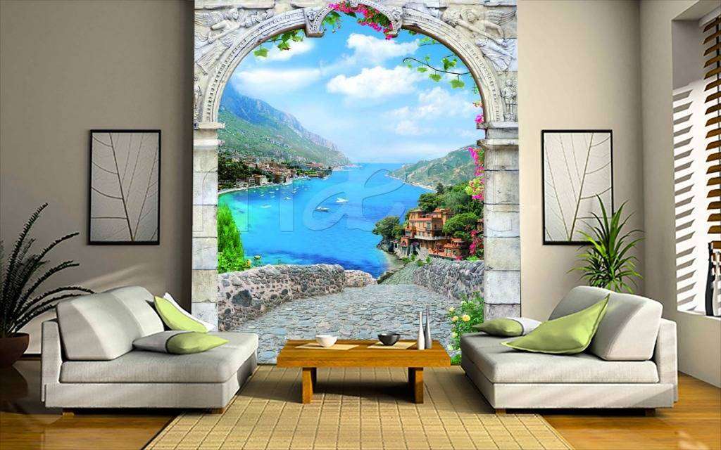 Фотообои в интерьере арка с видом на город у моря  11-061 фото