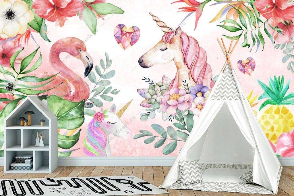 Фотообои в интерьере фламинго и единорог  12-1207 фото
