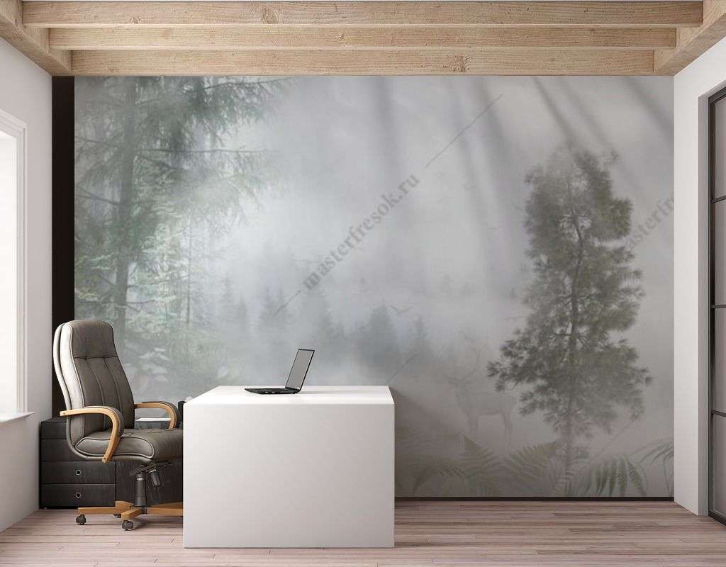 Фотообои в интерьере лучи солнца в туманном лесу  13-465 фото