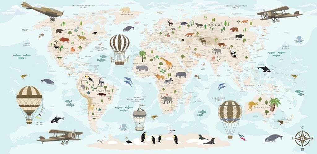 Фотообои в интерьере карта голубая в детскую  12-1007 фото