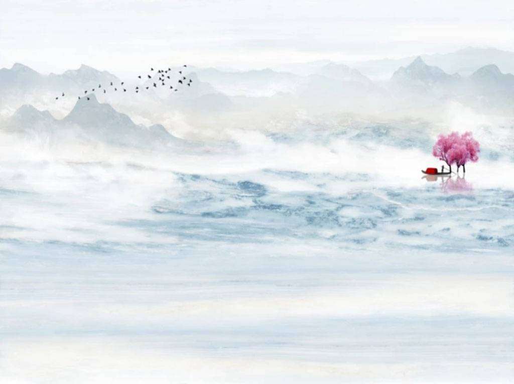 Фотообои в интерьере сакура на озере  15-658 фото