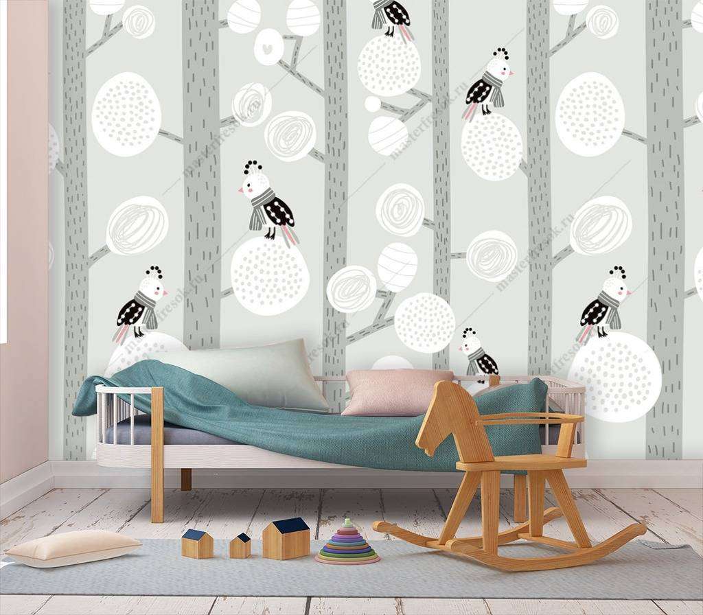 Фотообои Лес серый с птичками  12-713