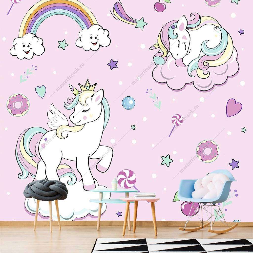 Фотообои в интерьере единорог на облаках на розовом фоне  12-416 фото