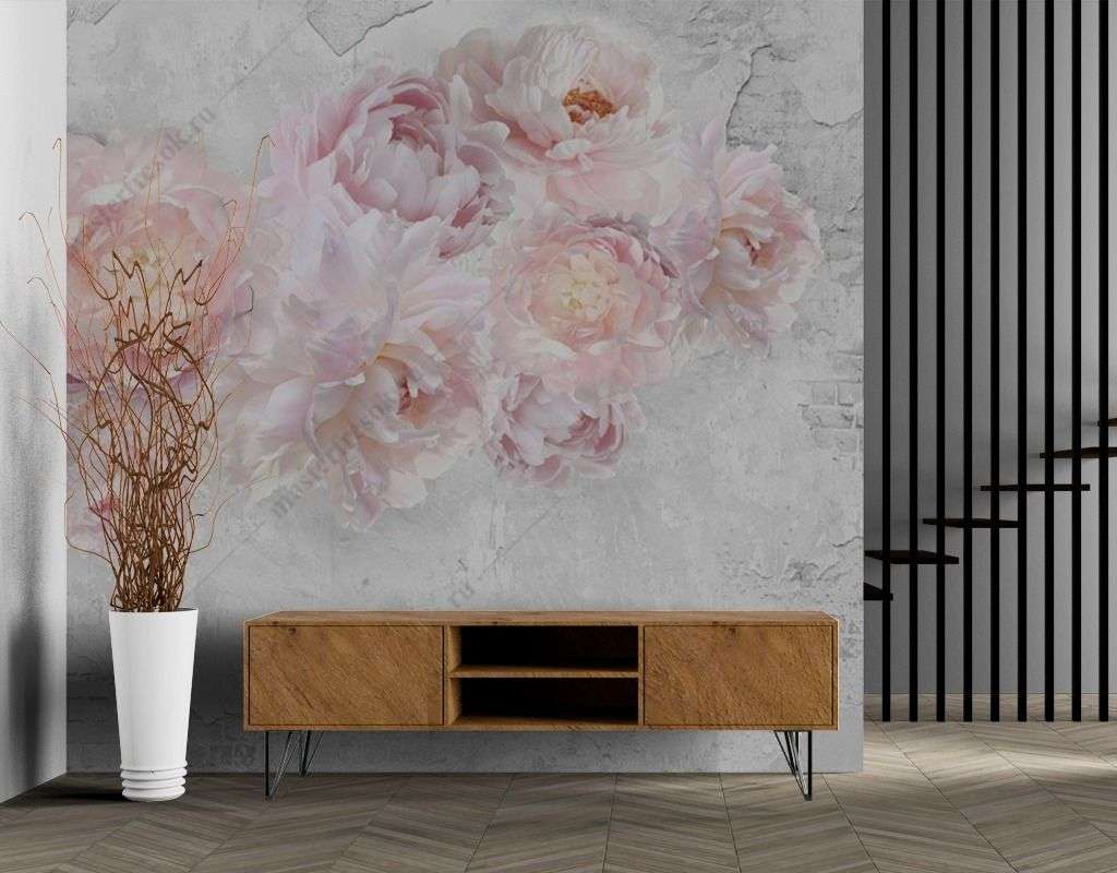Фотообои в интерьере пионы на мраморном фоне  14-369 фото