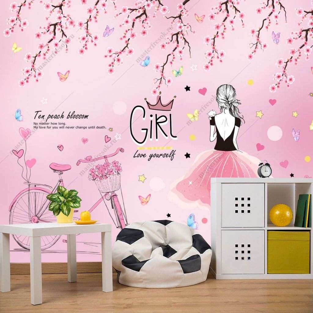 Фотообои в интерьере девочка с велосипедом на розовом фоне  14-273 фото