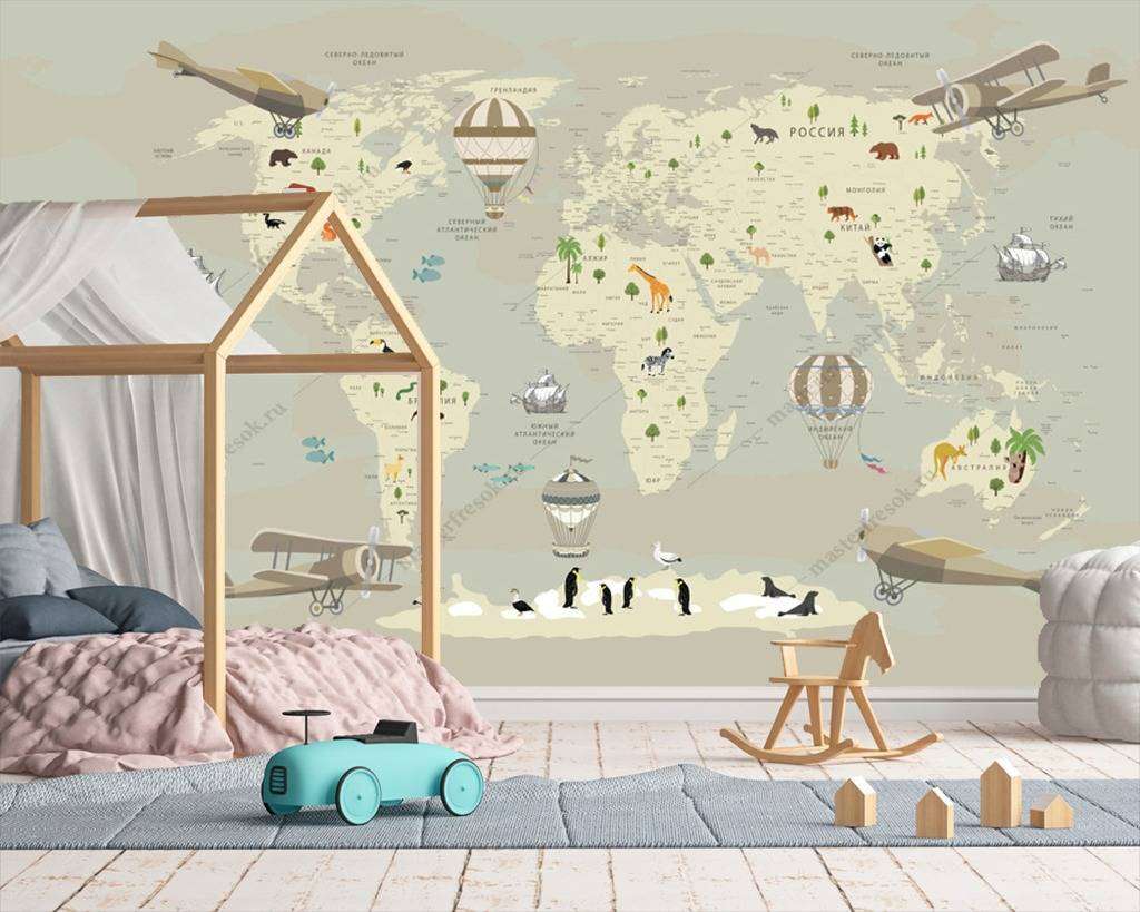 Фотообои в интерьере карта мира детская бежевая  12-974 фото