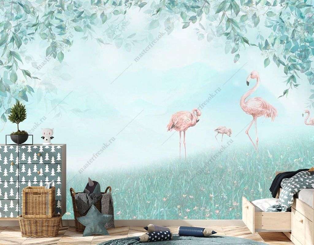 Фотообои в интерьере фламинго на волшебной поляне  12-1463 фото