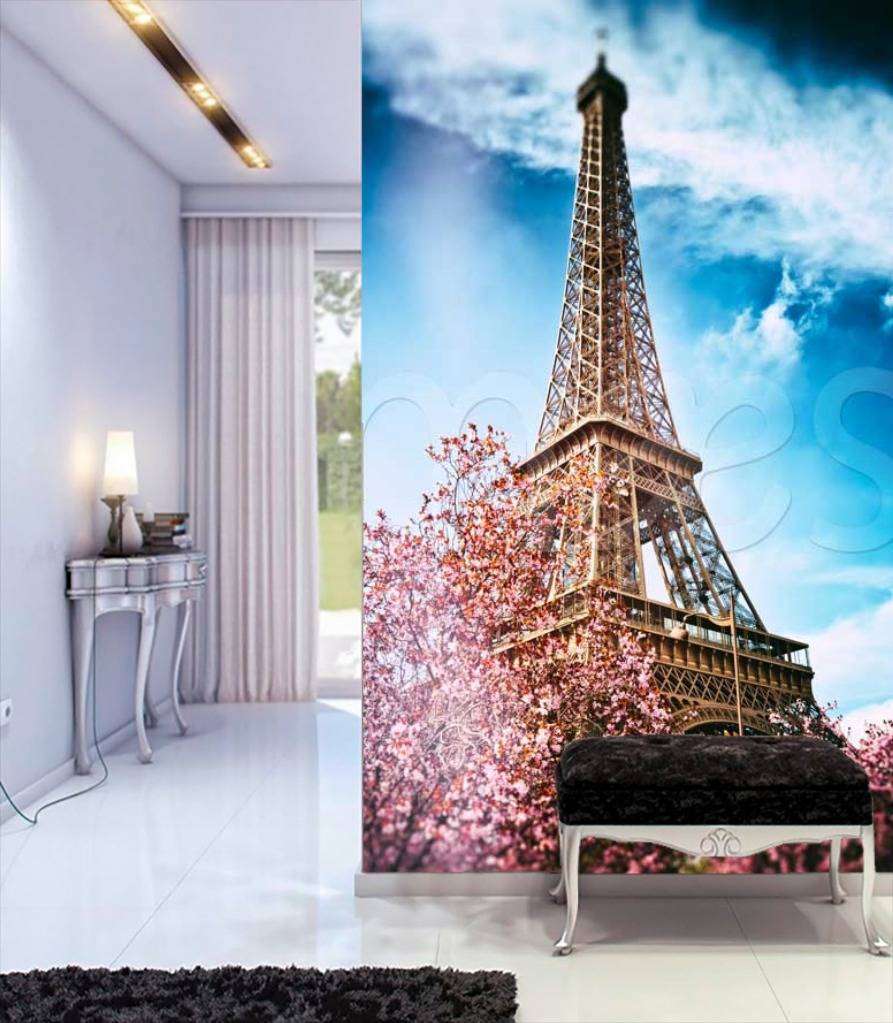 Фотообои Эйфелева башня в цветущих деревьях  9-788