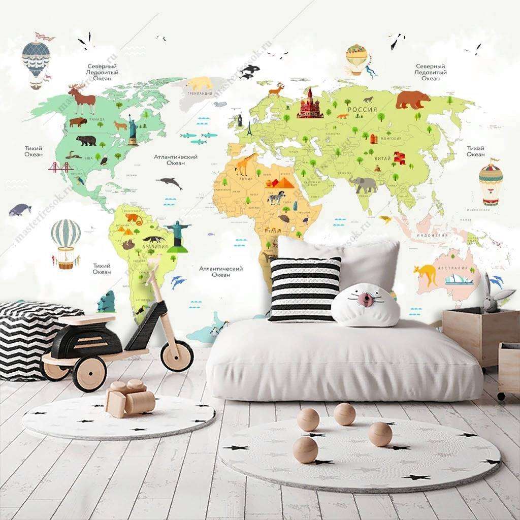 Фотообои в интерьере разноцветная карта на белом фоне  14-181 фото