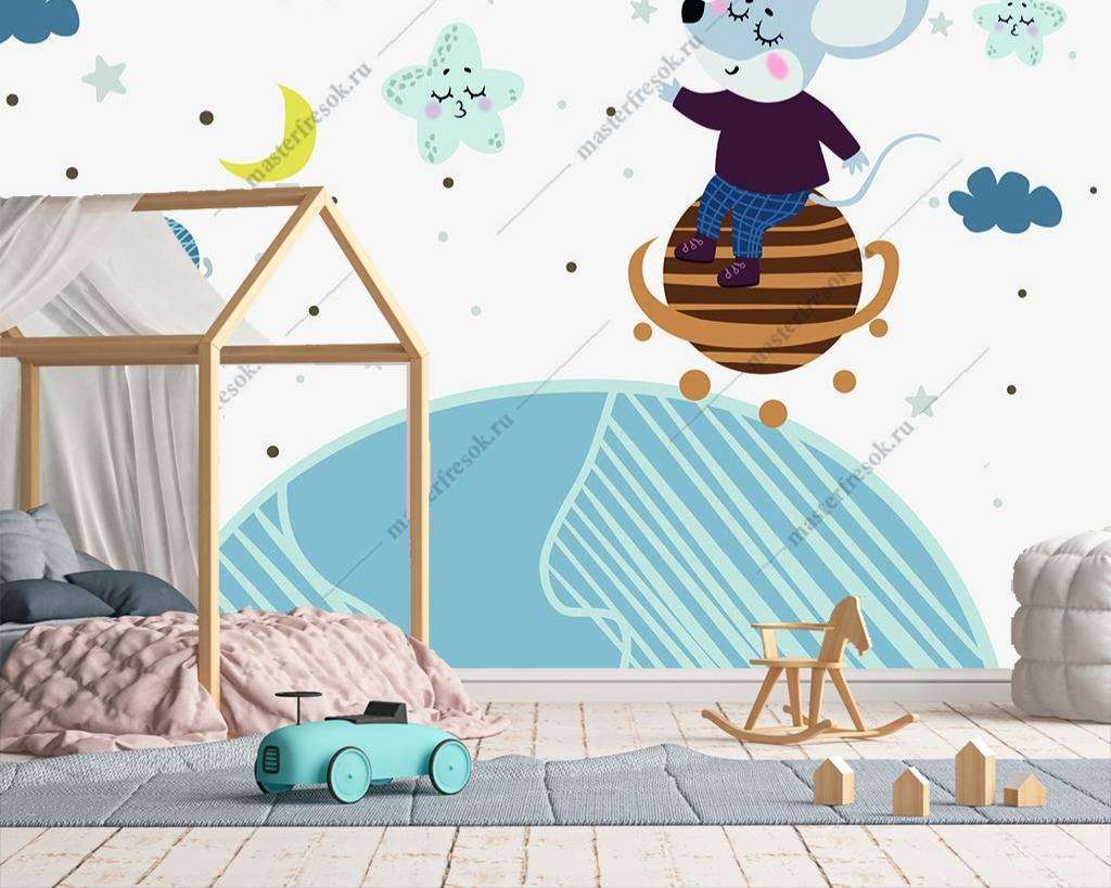 Фотообои в интерьере планета и мышка  14-010 фото