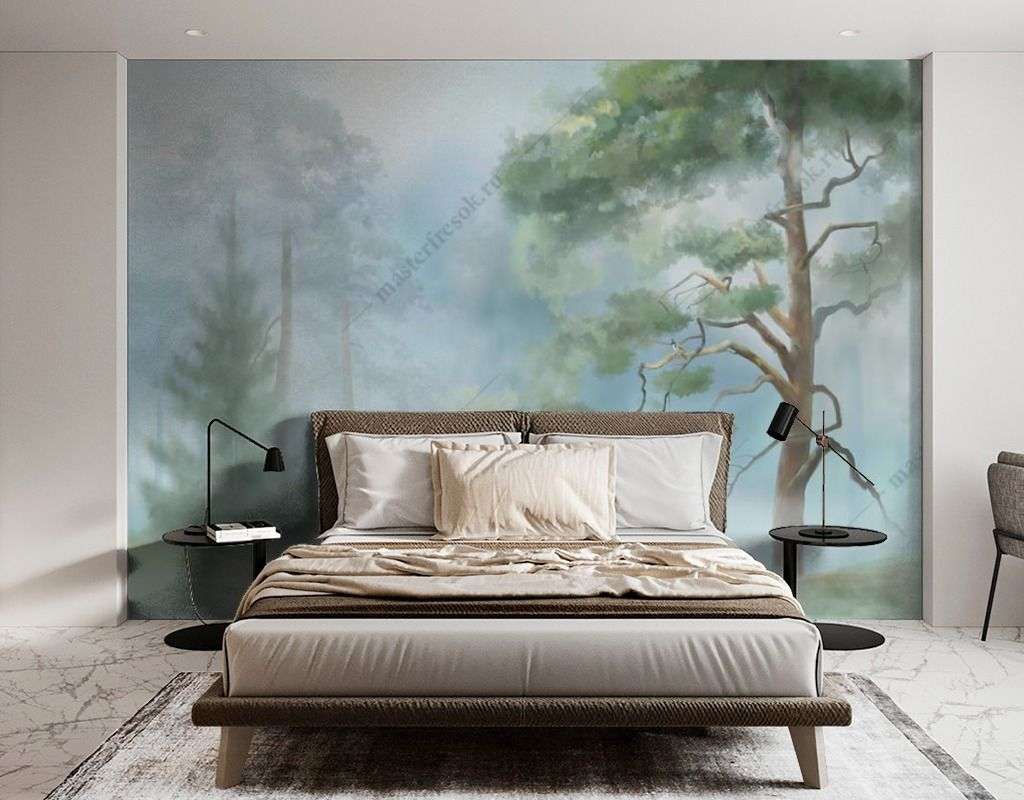 Фотообои в интерьере хвойный лес утром  13-461 фото