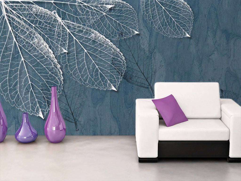 Фотообои в интерьере золотые листья на синем фоне  10-841 фото