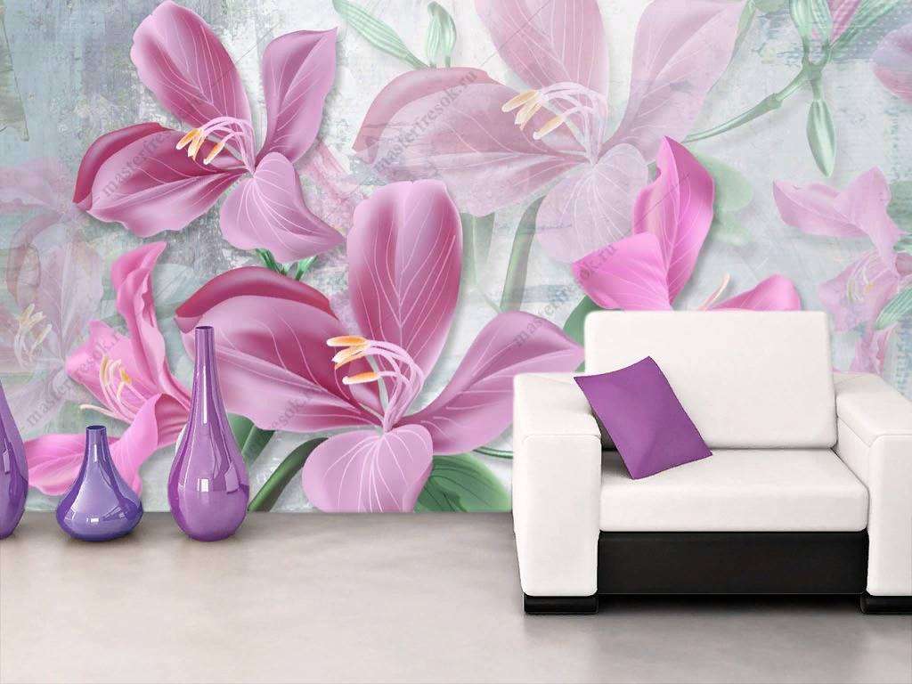 Фотообои в интерьере 3д ярко розовые лилии  10-859 фото