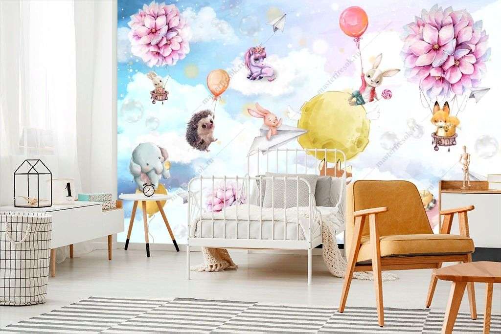 Фотообои в интерьере зверята на воздушных шариках  12-1308 фото