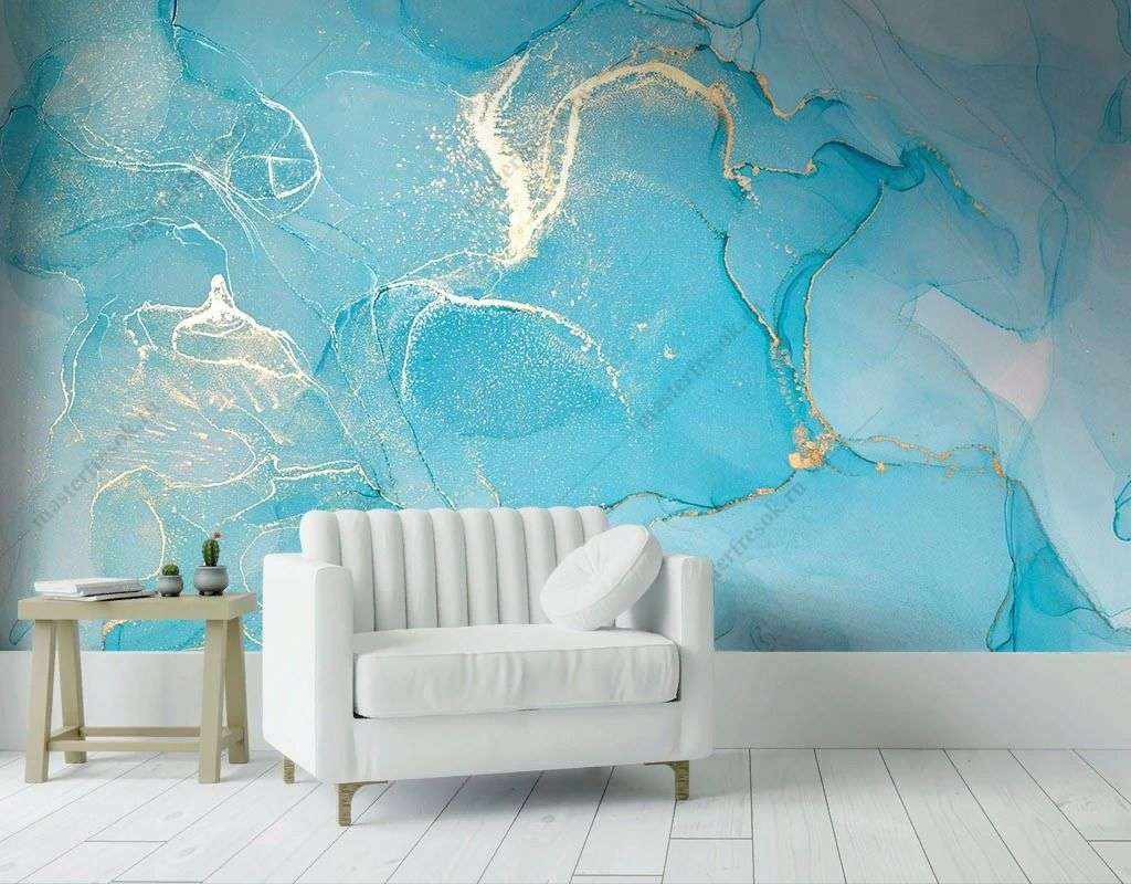 Фотообои в интерьере разводы акварели голубые  9-1780 фото